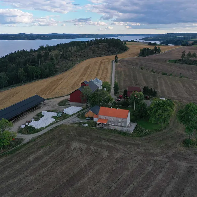 Luftfoto av gårdsanlegget til Jørgen Thorshov ved Øyeren.